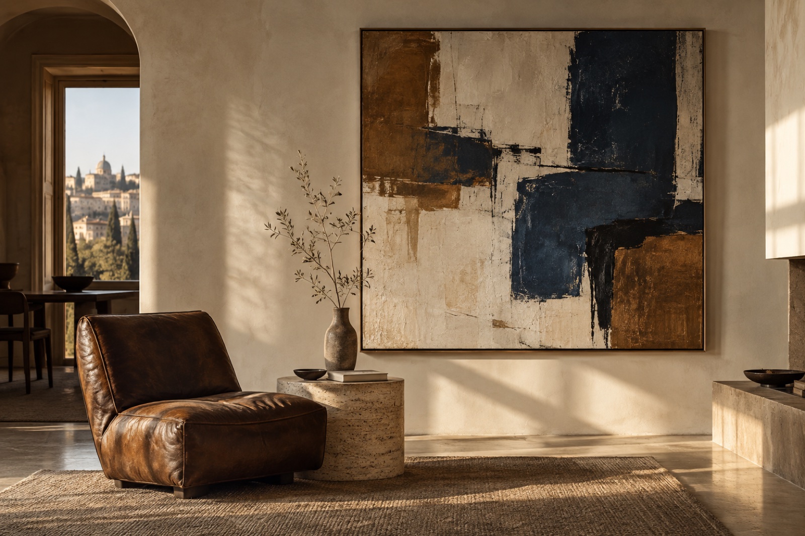 Luce del pomeriggio su una tela astratta blu, avorio e terra, in un interno con arco e poltrona in pelle